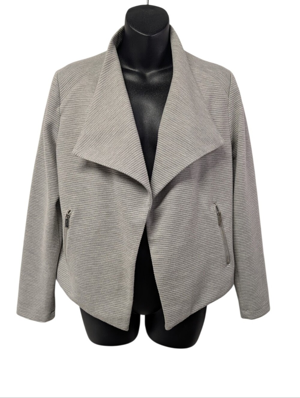 Calvin Klein Women's Gray Stripe Open Front Jacket Zip Pockets Long Sleeve Sz M
